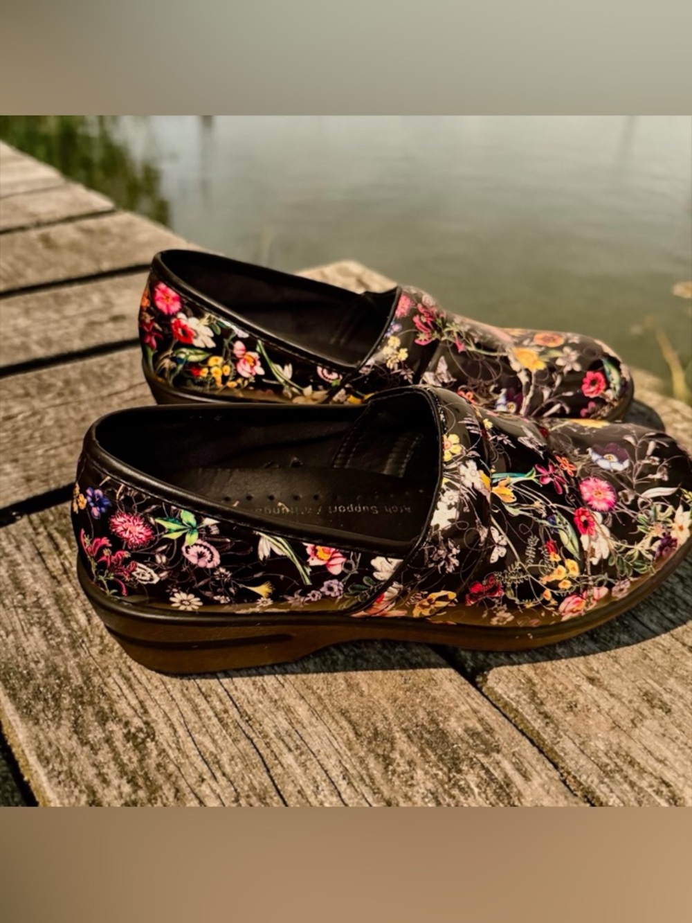 Spring Step Clogs Size 9 Black Floral Lightweight Slip On Shoes